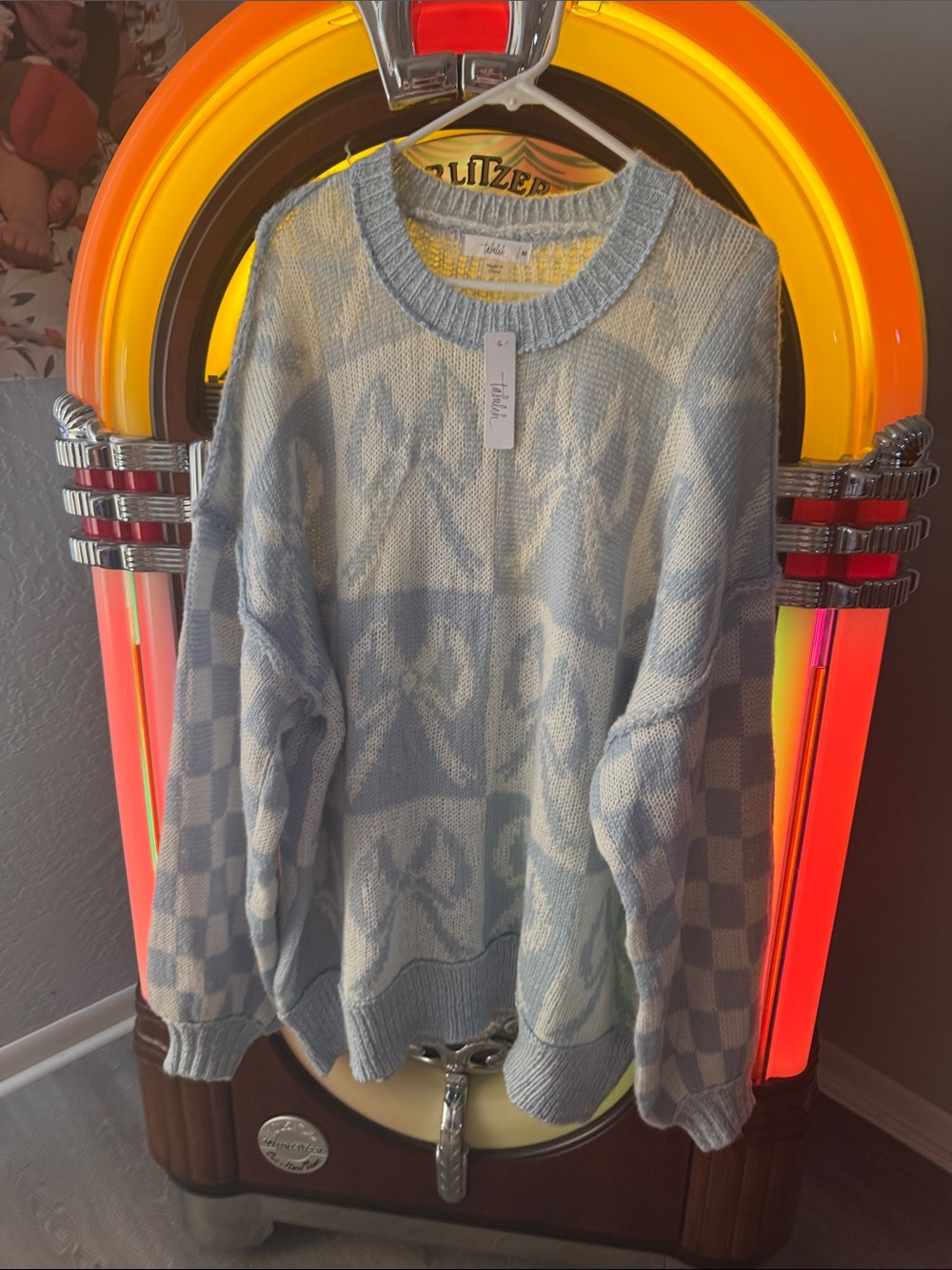 Shop Talula Light Blue & Cream Patterned Crewneck Sweater